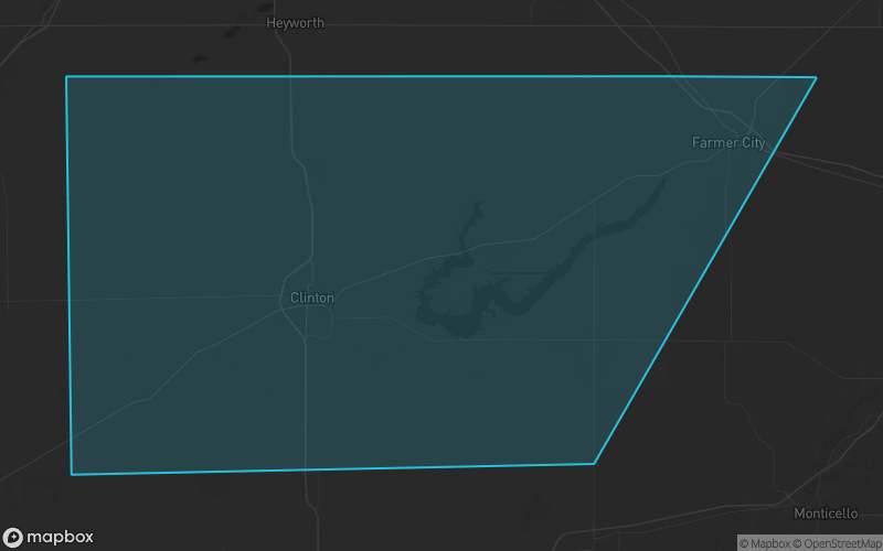 Map of De Witt County, Illinois showing the county boundary and surrounding cities