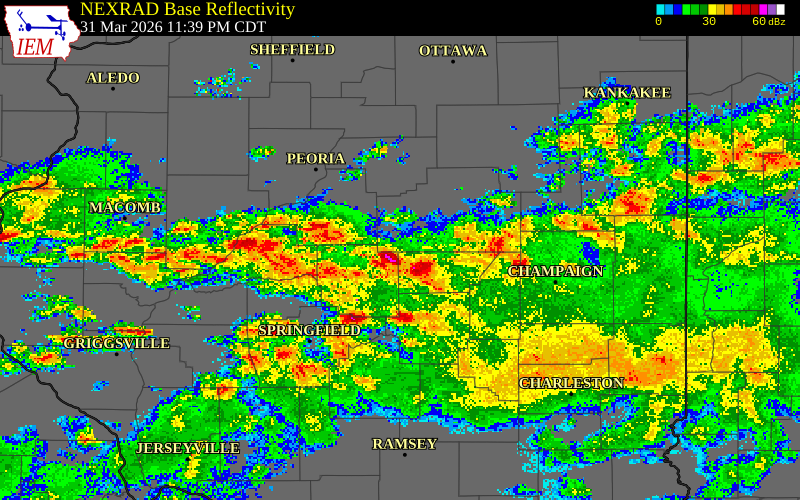 NEXRAD radar during the Tuesday, March 31, 2026 storm activity in De Witt County, Illinois