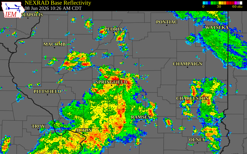 NEXRAD radar during the Monday, June 8, 2026 storm activity in De Witt County, Illinois