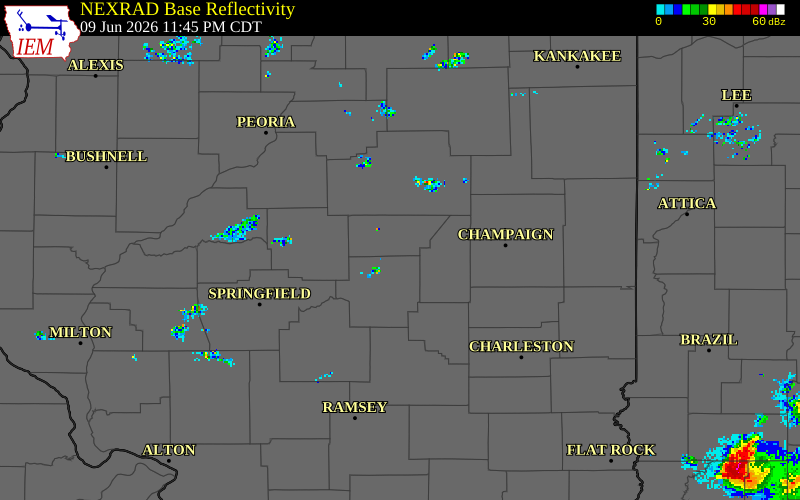 NEXRAD radar during the Tuesday, June 9, 2026 storm activity in De Witt County, Illinois
