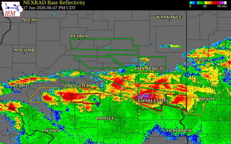 NEXRAD radar during the Wednesday, June 17, 2026 storm activity in De Witt County, Illinois