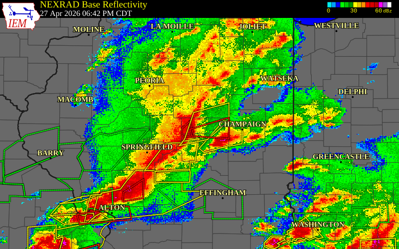 Radar snapshot during the Apr 27, 2026 tornado event near 4 ESE Wapella, De Witt County, Illinois, with NWS warning polygons