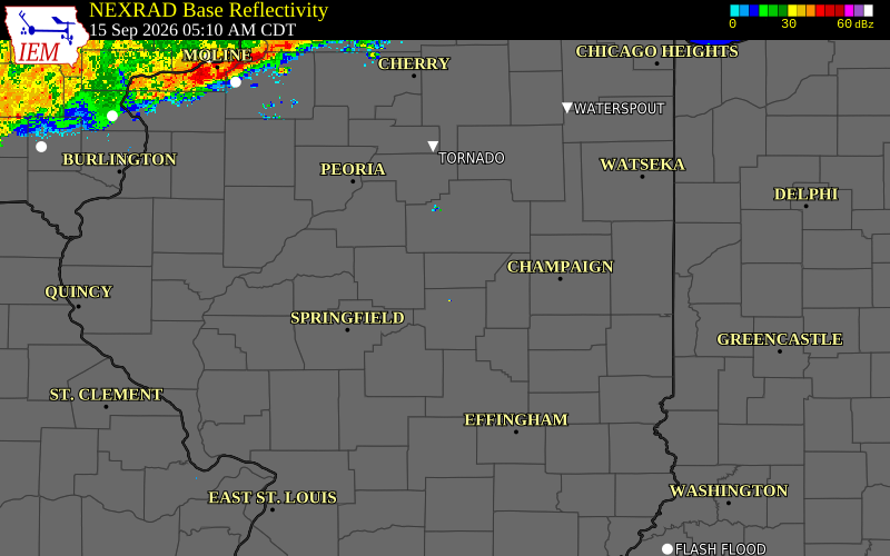 Current NEXRAD radar over De Witt County, Illinois with recent storm report locations