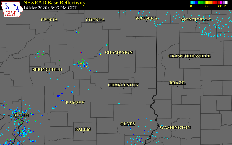 NEXRAD radar during the Saturday, March 14, 2026 storm activity in Douglas County, Illinois