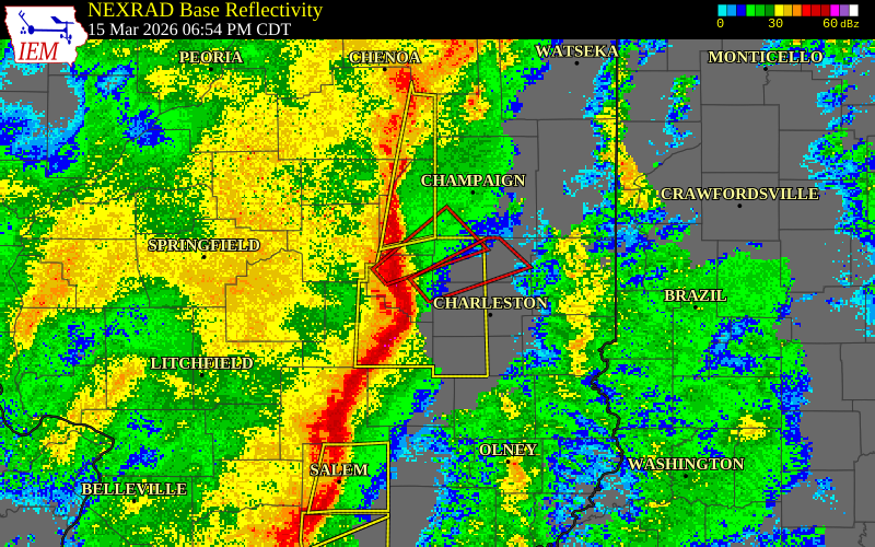 NEXRAD radar during the Sunday, March 15, 2026 storm activity in Douglas County, Illinois