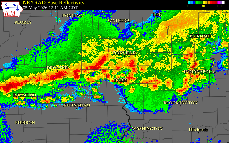 NEXRAD radar during the Tuesday, May 5, 2026 storm activity in Douglas County, Illinois