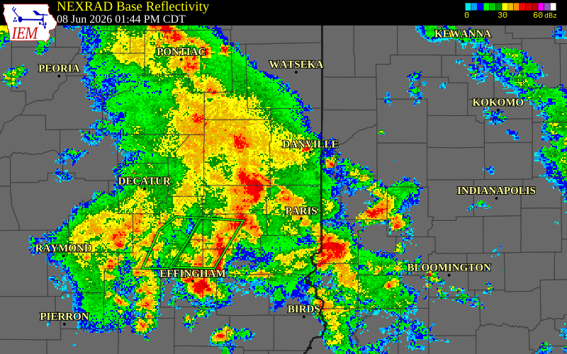 NEXRAD radar during the Monday, June 8, 2026 storm activity in Douglas County, Illinois