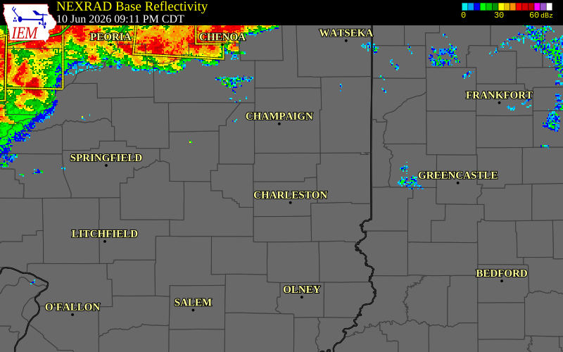 NEXRAD radar during the Wednesday, June 10, 2026 storm activity in Douglas County, Illinois