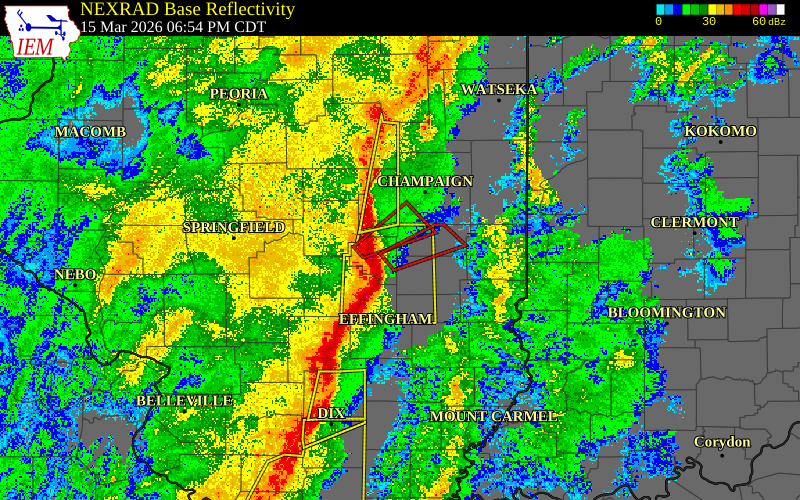Radar snapshot during the Mar 15, 2026 tornado event near 2 SE Arthur, Douglas County, Illinois, with NWS warning polygons