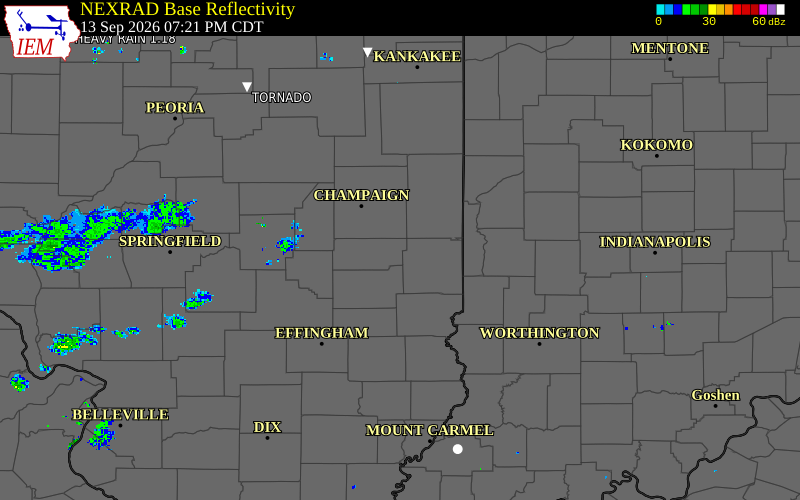Current NEXRAD radar over Douglas County, Illinois with recent storm report locations