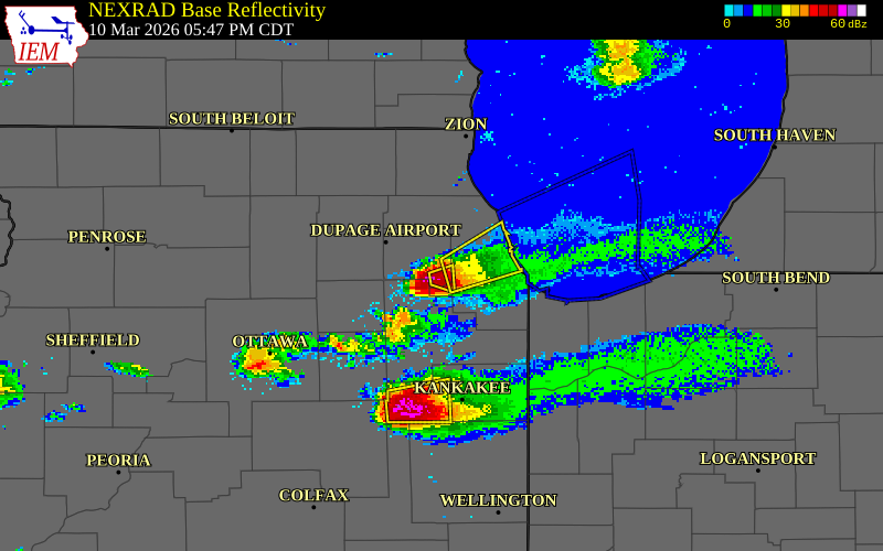 NEXRAD radar during the Tuesday, March 10, 2026 storm activity in DuPage County, Illinois