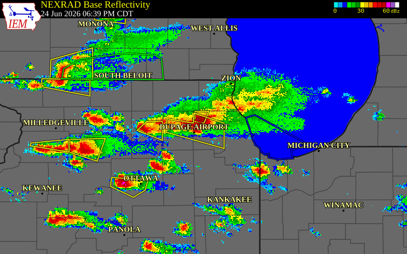 NEXRAD radar during the Wednesday, June 24, 2026 storm activity in DuPage County, Illinois