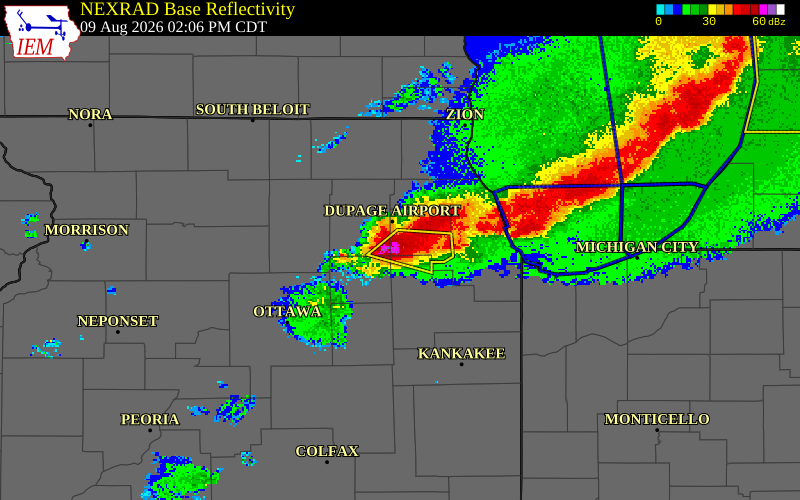 NEXRAD radar during the Sunday, August 9, 2026 storm activity in DuPage County, Illinois