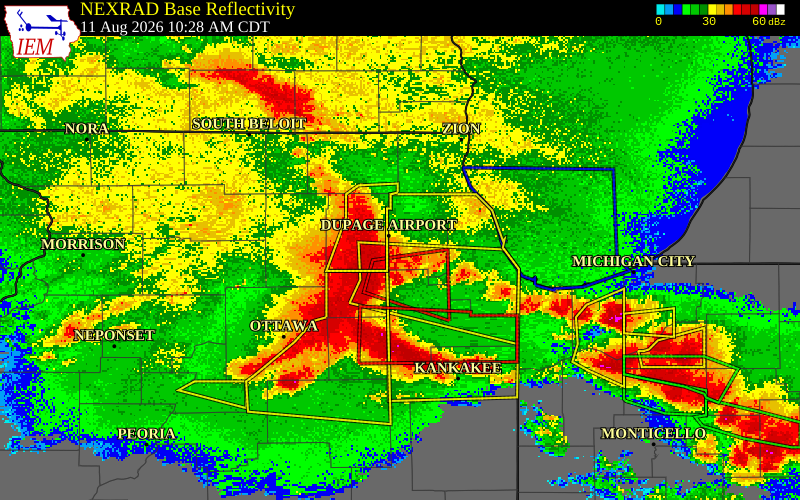 NEXRAD radar during the Tuesday, August 11, 2026 storm activity in DuPage County, Illinois