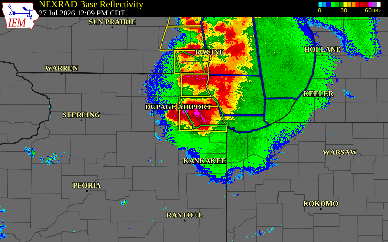 Radar snapshot during the Jul 27, 2026 tornado event near Downers Grove, DuPage County, Illinois, with NWS warning polygons