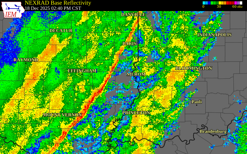 NEXRAD radar during the Thursday, December 18, 2025 storm activity in Edgar County, Illinois