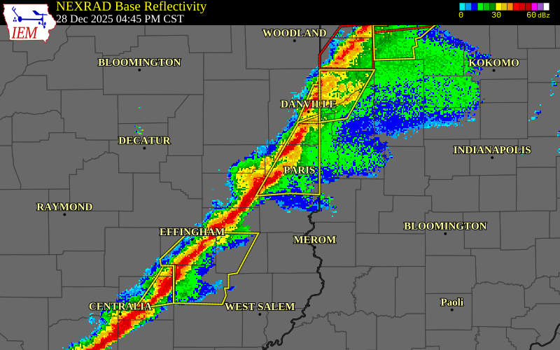 NEXRAD radar during the Sunday, December 28, 2025 storm activity in Edgar County, Illinois