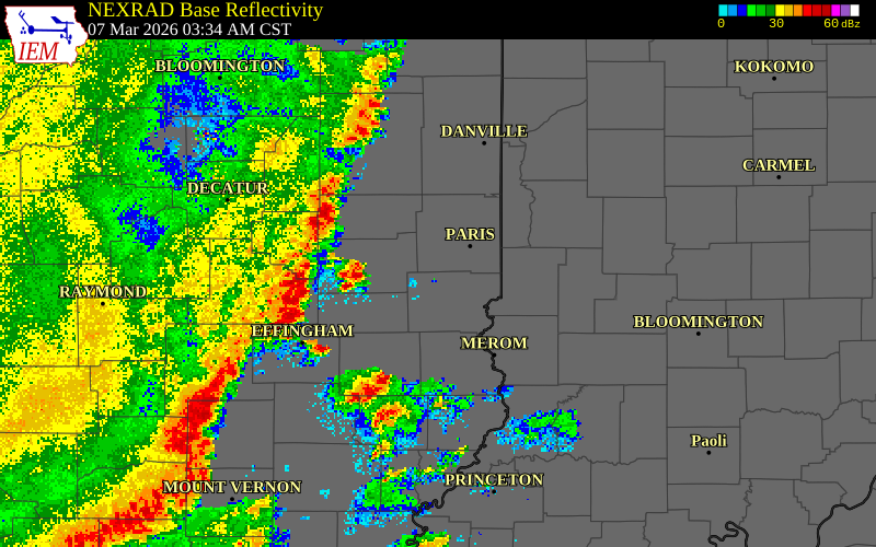 NEXRAD radar during the Saturday, March 7, 2026 storm activity in Edgar County, Illinois