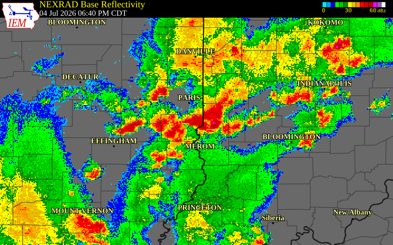NEXRAD radar during the Saturday, July 4, 2026 storm activity in Edgar County, Illinois