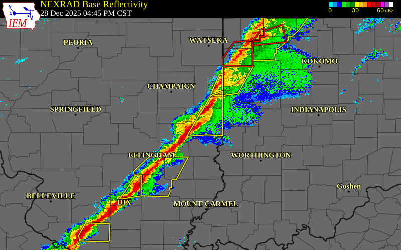 Radar snapshot during the Dec 28, 2025 tornado event near 1 SE Redmon, Edgar County, Illinois, with NWS warning polygons