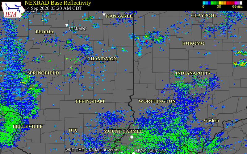 Current NEXRAD radar over Edgar County, Illinois with recent storm report locations
