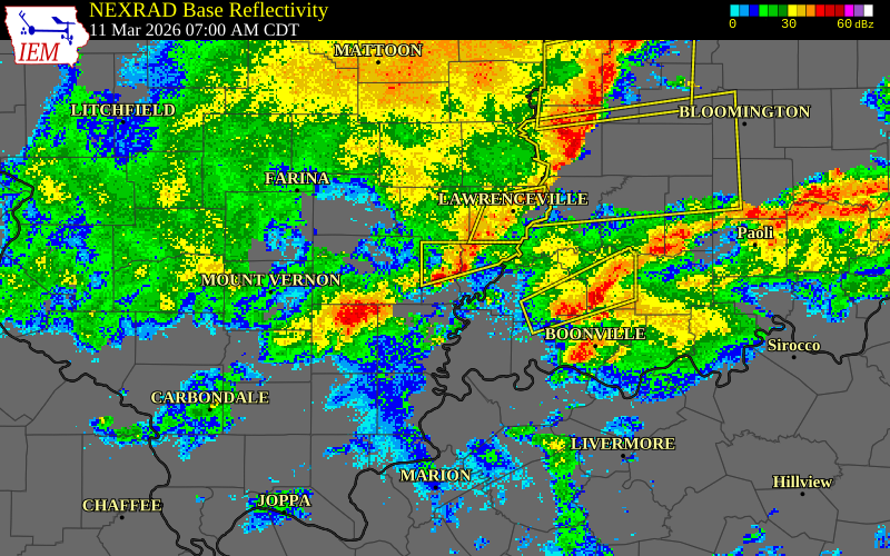 NEXRAD radar during the Wednesday, March 11, 2026 storm activity in Edwards County, Illinois