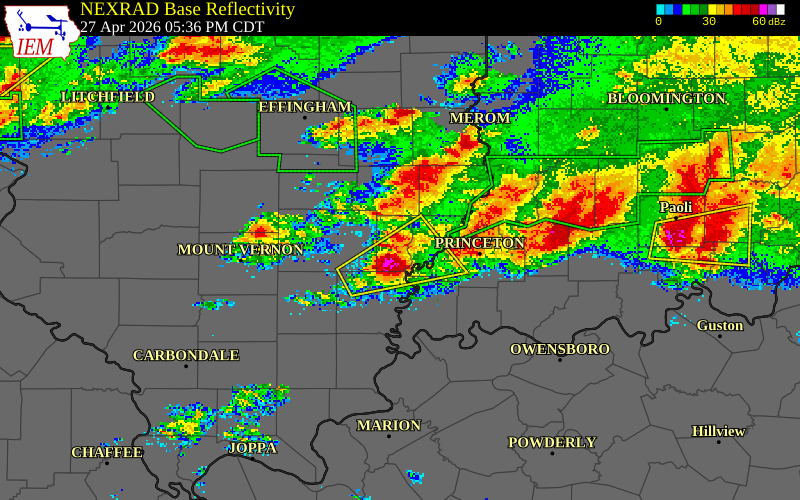 NEXRAD radar during the Monday, April 27, 2026 storm activity in Edwards County, Illinois