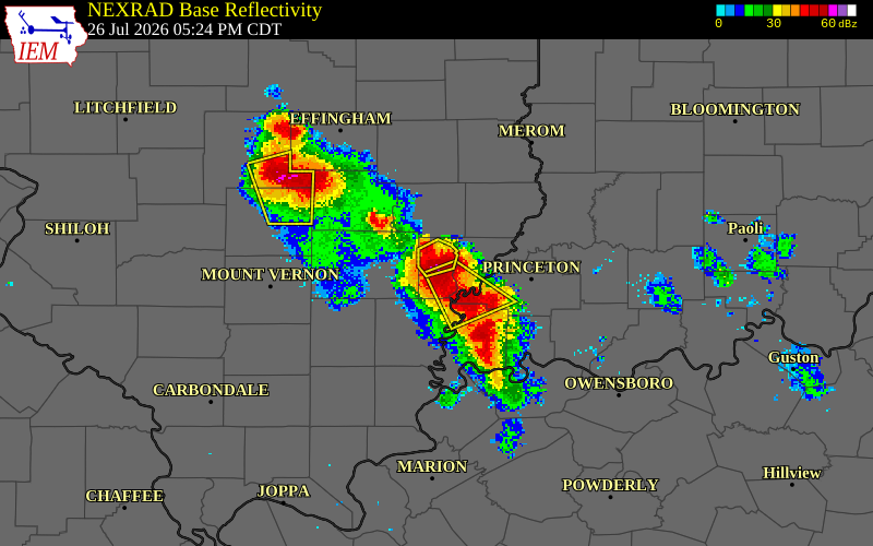 NEXRAD radar during the Sunday, July 26, 2026 storm activity in Edwards County, Illinois