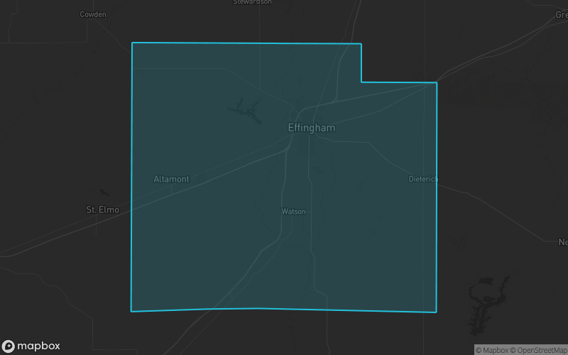 Map of Effingham County, Illinois showing the county boundary and surrounding cities