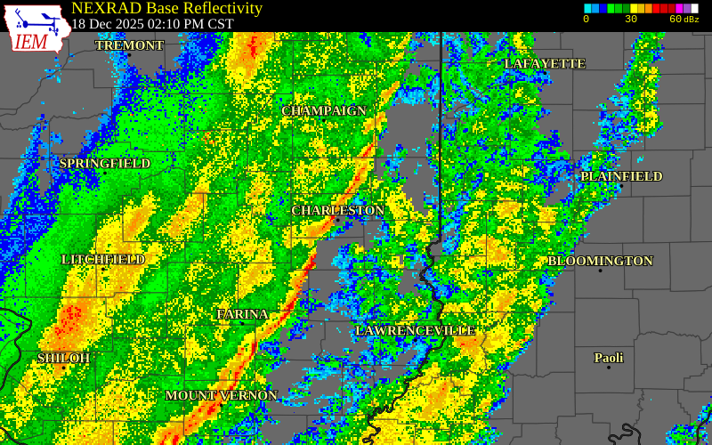 NEXRAD radar during the Thursday, December 18, 2025 storm activity in Effingham County, Illinois