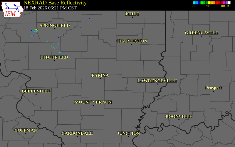 NEXRAD radar during the Wednesday, February 18, 2026 storm activity in Effingham County, Illinois