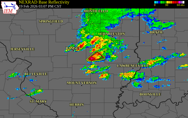 NEXRAD radar during the Thursday, February 19, 2026 storm activity in Effingham County, Illinois