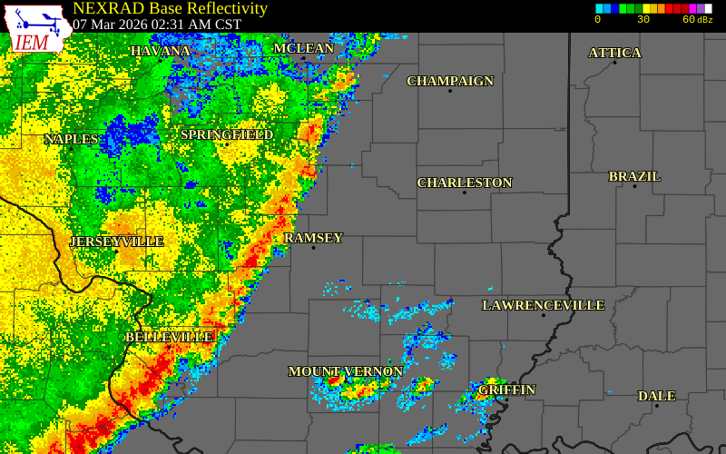 NEXRAD radar during the Saturday, March 7, 2026 storm activity in Effingham County, Illinois