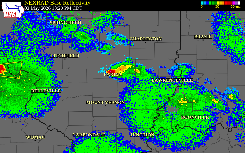 NEXRAD radar during the Sunday, May 3, 2026 storm activity in Effingham County, Illinois