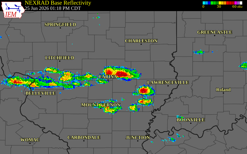 NEXRAD radar during the Thursday, June 25, 2026 storm activity in Effingham County, Illinois