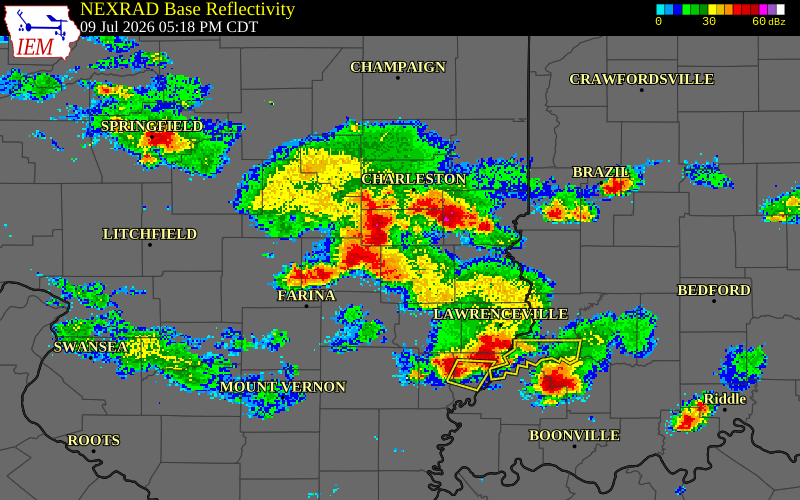 NEXRAD radar during the Thursday, July 9, 2026 storm activity in Effingham County, Illinois