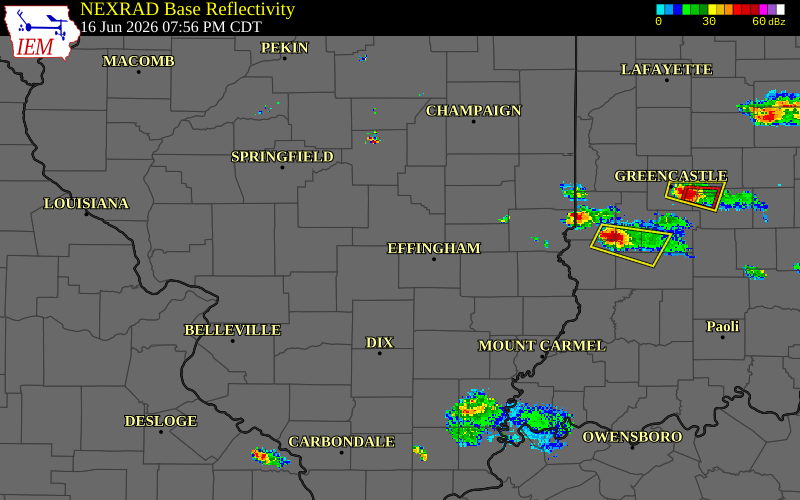 Radar snapshot during the Jun 16, 2026 tornado event near 1 WNW Beecher City, Effingham County, Illinois, with NWS warning polygons