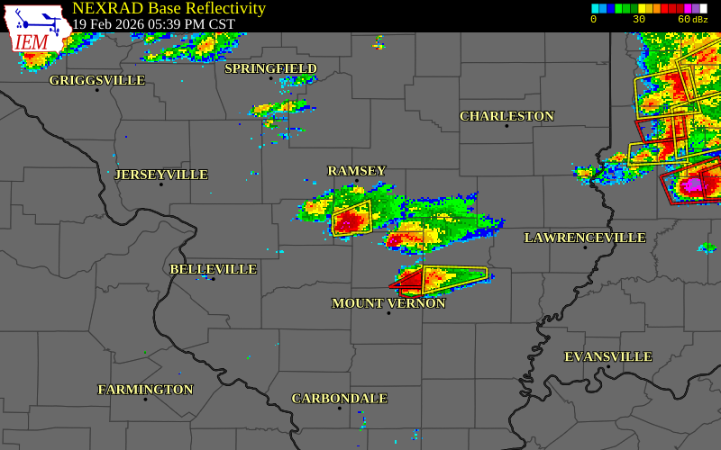 NEXRAD radar during the Thursday, February 19, 2026 storm activity in Fayette County, Illinois