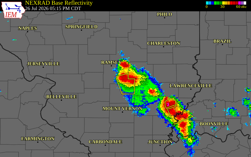 NEXRAD radar during the Sunday, July 26, 2026 storm activity in Fayette County, Illinois