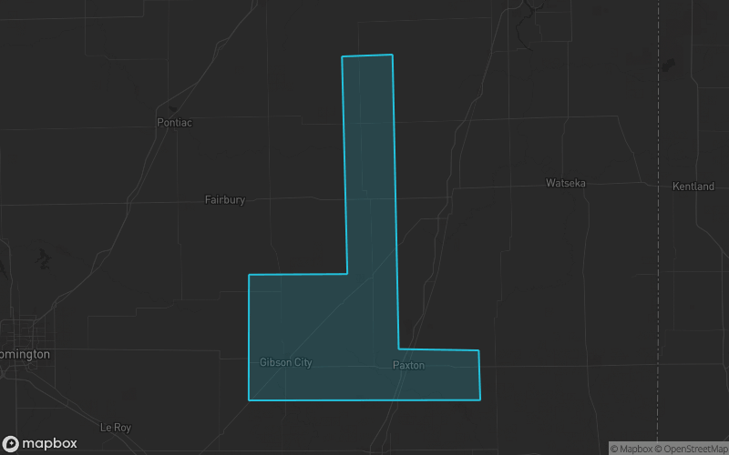 Map of Ford County, Illinois showing the county boundary and surrounding cities