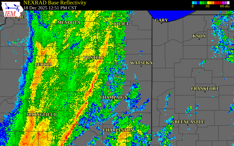 NEXRAD radar during the Thursday, December 18, 2025 storm activity in Ford County, Illinois