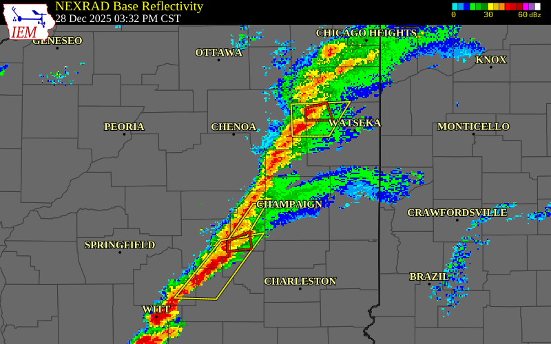 NEXRAD radar during the Sunday, December 28, 2025 storm activity in Ford County, Illinois
