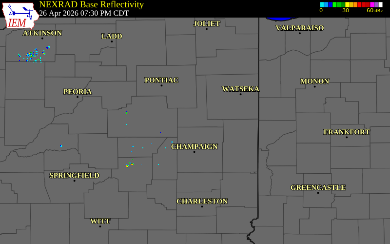 NEXRAD radar during the Sunday, April 26, 2026 storm activity in Ford County, Illinois