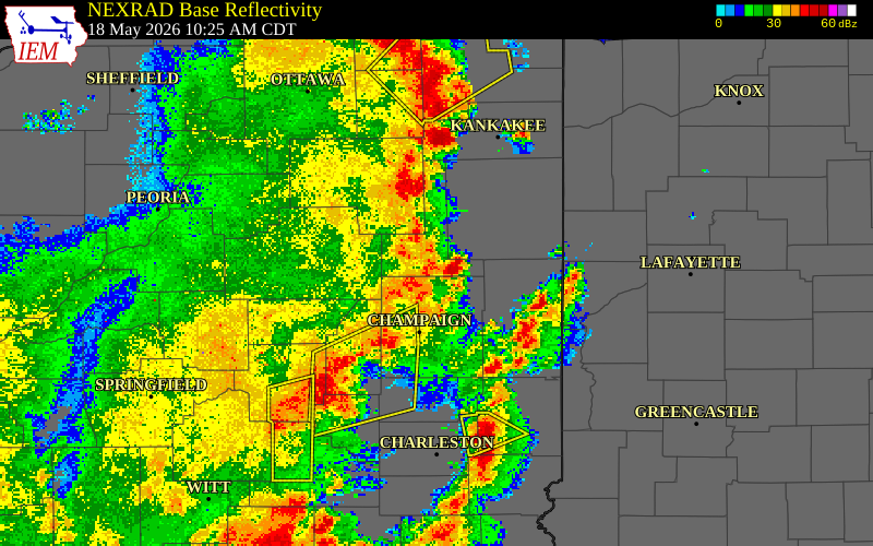 NEXRAD radar during the Monday, May 18, 2026 storm activity in Ford County, Illinois