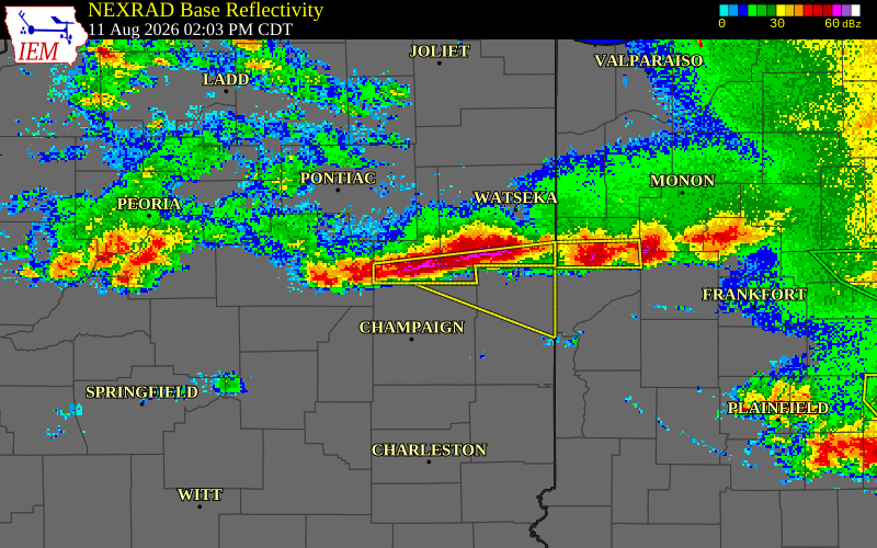 NEXRAD radar during the Tuesday, August 11, 2026 storm activity in Ford County, Illinois