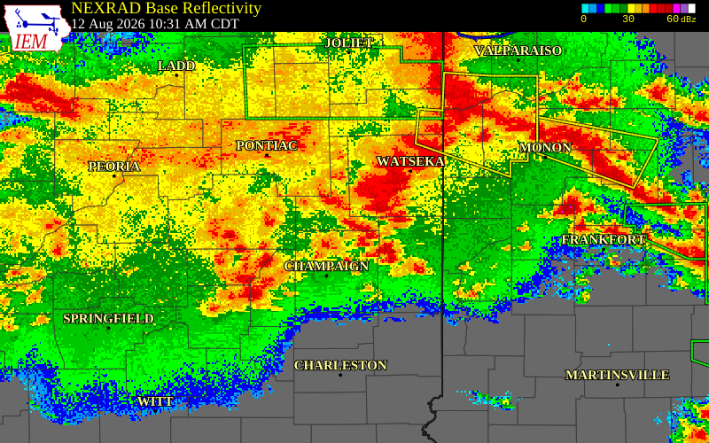 NEXRAD radar during the Wednesday, August 12, 2026 storm activity in Ford County, Illinois