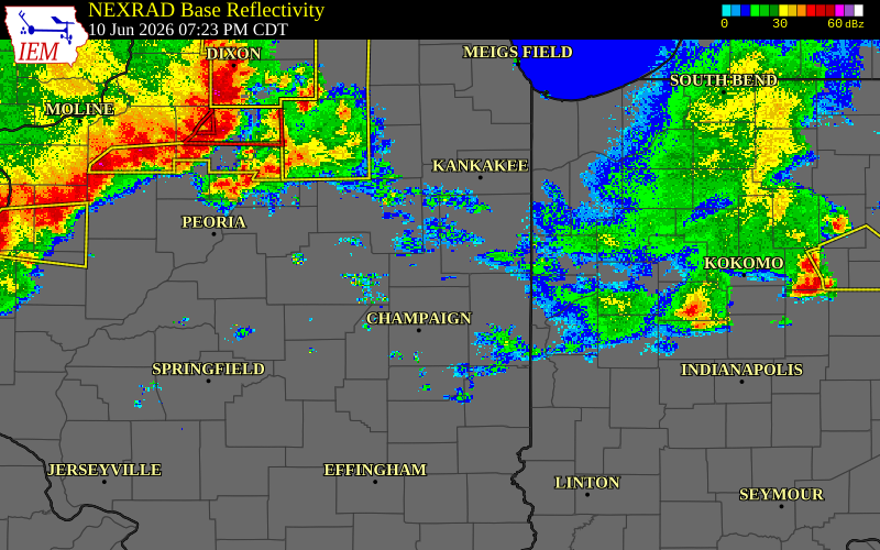 Radar snapshot during the Jun 10, 2026 tornado event near 2 NW Paxton, Ford County, Illinois, with NWS warning polygons