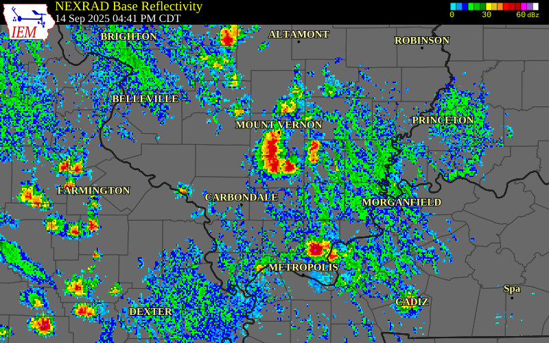 NEXRAD radar during the Sunday, September 14, 2025 storm activity in Franklin County, Illinois