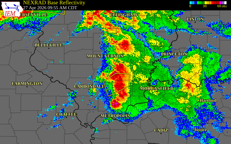 NEXRAD radar during the Monday, April 27, 2026 storm activity in Franklin County, Illinois