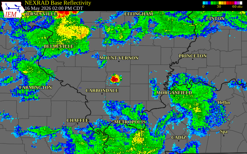 NEXRAD radar during the Saturday, May 16, 2026 storm activity in Franklin County, Illinois